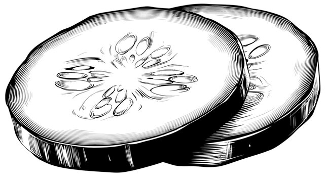 Two cucumber slices, cross-sections, depicted in a black-and-white engraved style illustration