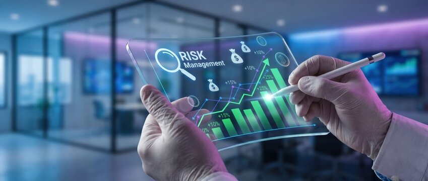 Risk management strategies for business growth in a modern office environment with data analytics and visual insights