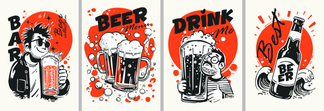 Illustration showcasing classic pub scene with bold beer imagery and vibrant tones. Artistic poster portraying nostalgic pub setting with frothy beverages and lively color palette