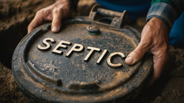 Hand holding a septic tank lid labeled septic, symbolizing septic system repair and maintenance for drainage, inspection, cleaning, and service.