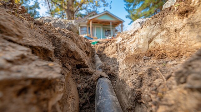 Trenched sewer pipe leading to a house signaling septic system repair, excavation, and pipe replacement work on residential property.