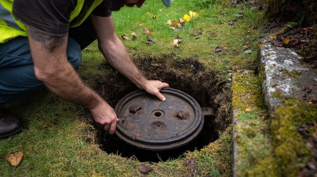 Technician servicing septic tank access lid in lawn for septic system repair and maintenance for drainage.