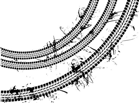 Black tire tracks with mud splatter white background, grunge texture