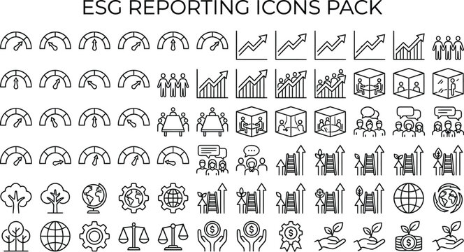 A collection of ESG reporting icons in a flat, minimalist design style, featuring various symbols for environmental, social, and governance concepts.