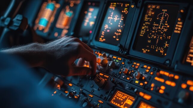 Close-up of cockpit control panel, hand adjusting dial with illuminated screens