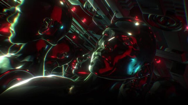 A dark looping background of endless rows of hollow mannequin style humanoid clones.
