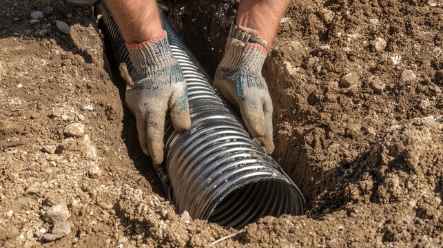 Worker installing corrugated pipe in trench for sewer repair work. maintenance septic repair with soil, gloves, and pipe connection visible.