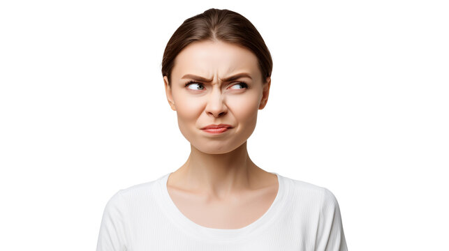 Skeptical young woman in white top with doubtful sideways glance and frown, transparent background. Sarcasm, distrust, dissatisfied customer, irony and doubt emotion concept cutout.