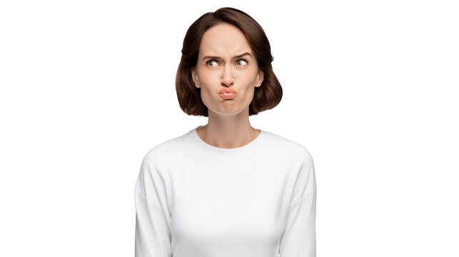 Doubtful young woman in white sweater with skeptical sideways glance and pouty lips, transparent background. Sarcasm, irony, dissatisfied customer and distrust emotion concept cutout.
