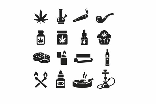 Cannabis icons set: leaves, pipes, jars, edibles, and more