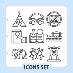 Wigwam, love story book, elephant animal icons, collection illustrating concepts such as travel, love, education, culture and daily life. Set of nine line icons on white background. © iconqueen