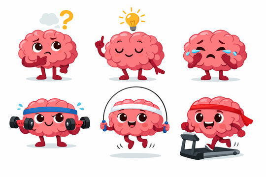 Cartoon brain characters expressing emotions and exercising with weights and treadmill