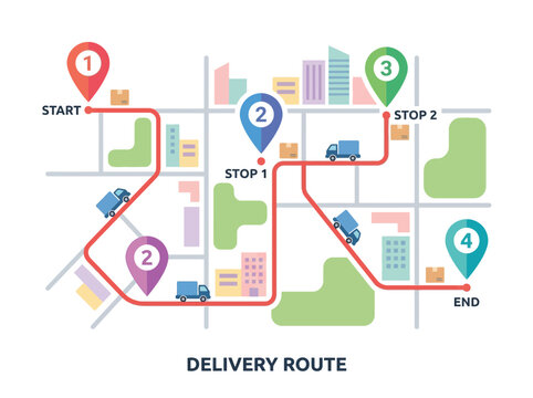 Delivery route map with numbered checkpoints and transport vehicles.