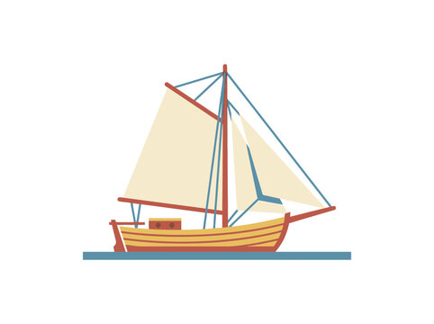 Illustration of a wooden sailing boat with beige sails on water.