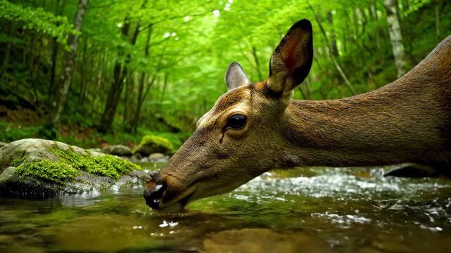 Serene wildlife portrait of a deer standing in a shallow stream within a lush green forest during daytime.