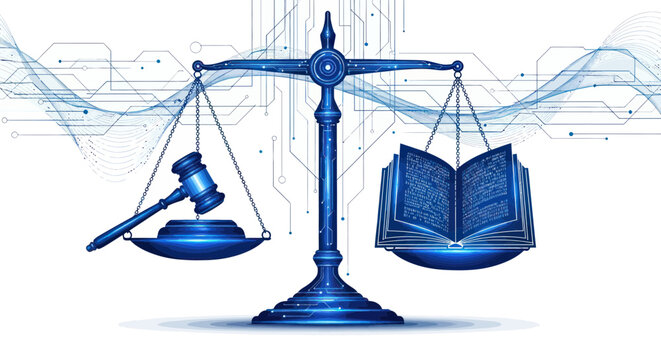 Digital Justice Scales of Justice with Gavel and Open Book on Technology Background