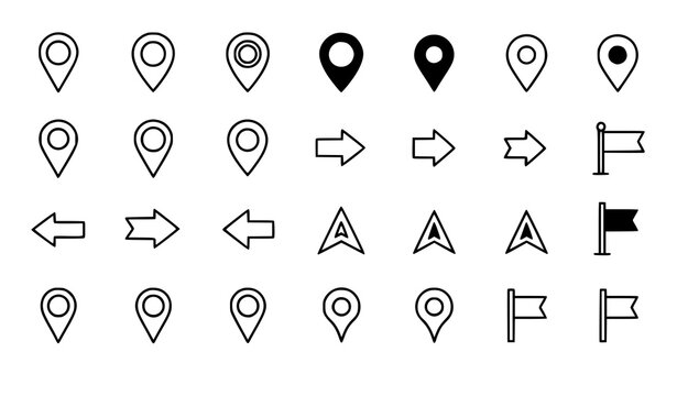 Map pin outline icon collection GPS marker arrow flag vector isolated on white