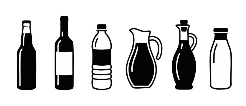 Beverage Bottle and Pitcher Icons, Set of Drink Containers Vector Illustration. Minimalist black silhouettes of glass bottles, plastic water bottles, and liquid pitchers for menu, website, or bar grap