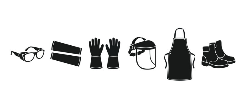 Personal Protective Equipment PPE Icons Set, Safety Gear for Industrial Workplace, Including Safety Glasses, Protective Gloves, Face Shield, Apron, and Boots, Flat Black Vector Illustrations on White