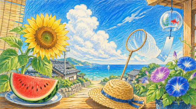 Japanese Summer Nostalgic Scene Illustration, Colored Pencil Drawing of Sunflower Watermelon Wind Chime and Sea View, Showa Retro Concept