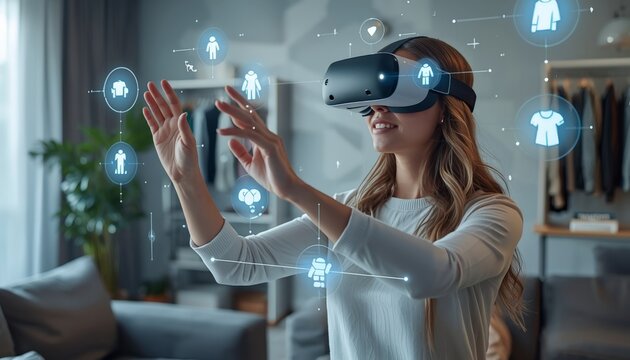 There is a woman wearing a virtual reality headset in a living room