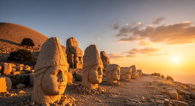 Ancient Stone Heads on Mount Nemrut, Turkey at Sunrise