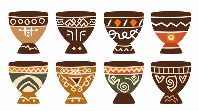 Eight colorful djembe drums with different patterns in brown, orange, green and beige