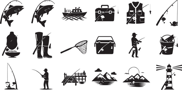 Fishing icons and symbols in black