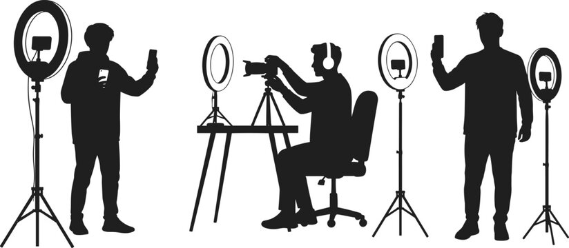 Social Media Content Creation Process, Influencers Using Ring Lights and Cameras, Silhouette Illustration