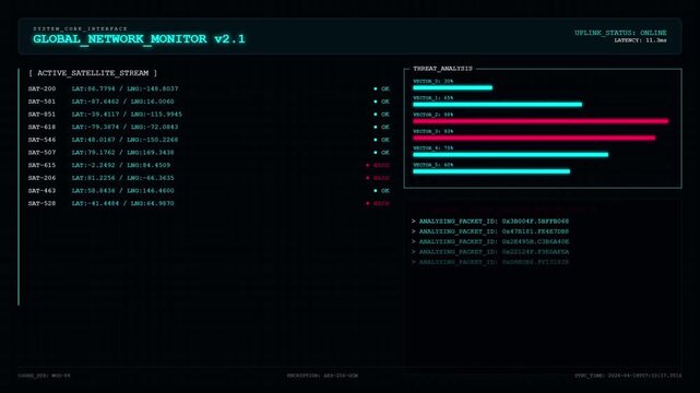 Global Network Monitor Satellite Tracking and Cybersecurity Threat Analysis Interface.