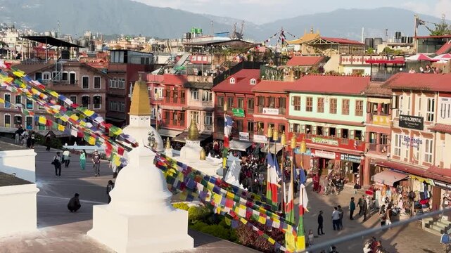High Angle View of Boudhanath Square and Prayer Flags, Kathmandu, Nepal