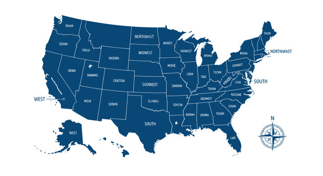 Map of United States of America, divided into states and regions, navy blue on white