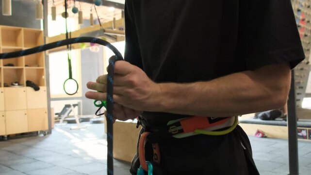 Coach attaches students safety rope to carabiner on belt. Safety precautions for teaching young beginner slow motion