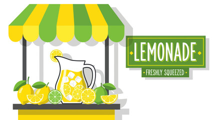 Obraz premium Fresh Lemonade Stand with Pitcher and Citrus Fruits, Summer Refreshment