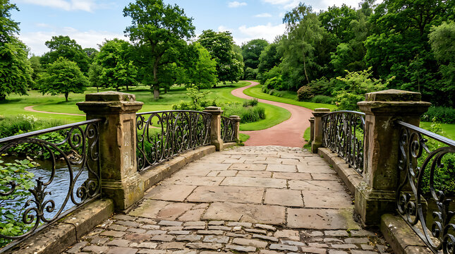 Old brick steps in green forest setting