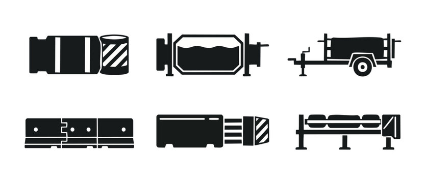 Road Construction Equipment Icons Set - Traffic Safety Barriers, Concrete Blocks, and Industrial Mobile Trailers for Highway Building Projects, Vector Symbols Collection for Site Planning and Traffic