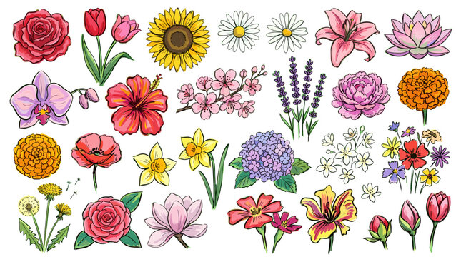A vibrant collection of diverse floral illustrations, showcasing a variety of blooming flowers in different colors and shapes.