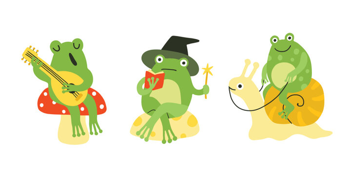 Funny frog character, froggy mascot characters set. Frog singing song, wizard, riding snail. Simple flat doodle style, green and red. Print, sticker, children, animal illustration, white background.