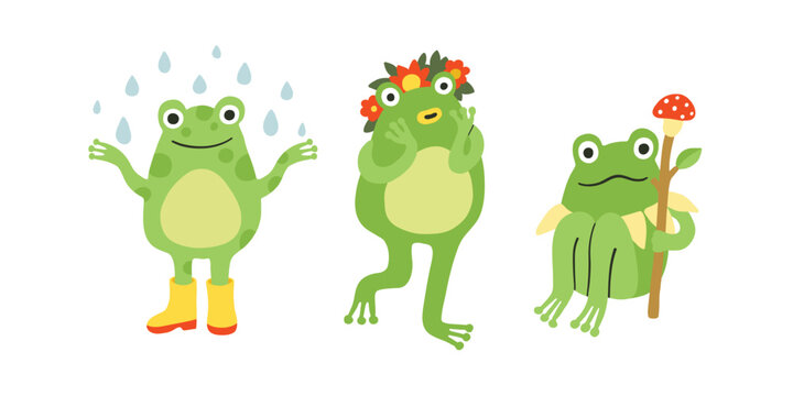 Funny frog character, froggy mascot characters set. Frog with raindrops, wreath, sitting with mushroom. Simple flat doodle style, green and red. Print, sticker, children, animal illustration, white.