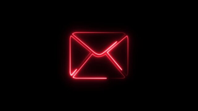 Glowing neon message box red color  icon on black background.  notice receive massage,  incoming mail, Sending mail icon animation.