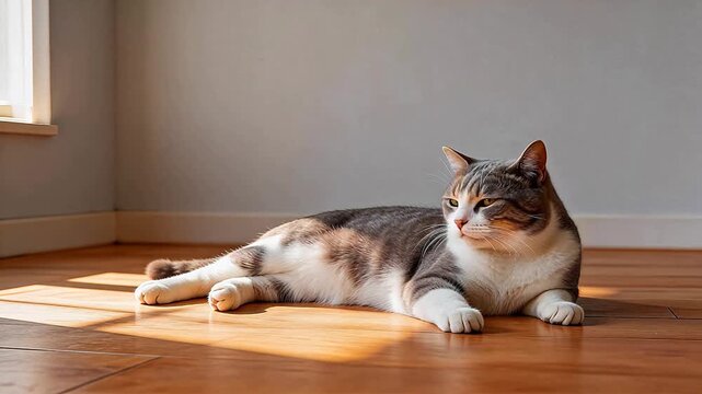 Cat resting on wooden floor in sunlight