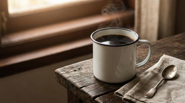 A cozy morning pic of coffee in a white enamel mug with rising steam on a weathered wooden table by the window, linen napkin and vintage spoon, rustic breakfast mood, warm home caf&eacute; still life