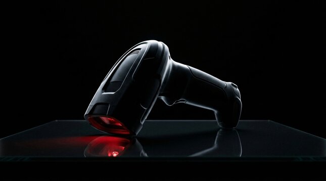 Barcode scanner with red light on dark background