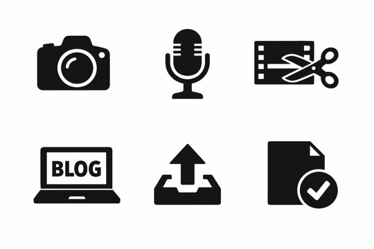 Set of icons representing camera, microphone, video editing, blogging, uploading, and document check
