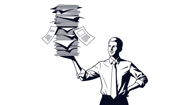 Overwhelmed businessman with stack papers.