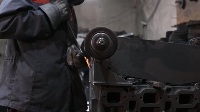 A stationary sharpening machine, grinding, sharpening, and metalworking in a garage workshop, manual work. The craftsman wears protective clothing, gloves, and goggles.