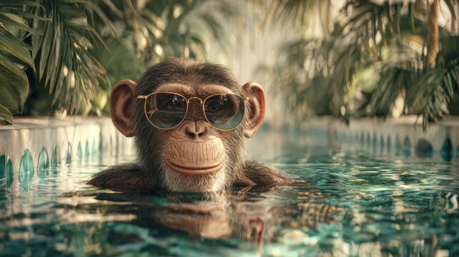Monkey floating with playful smile, sunglasses, luxury pool with tropical plants, ultra realistic, 8k 