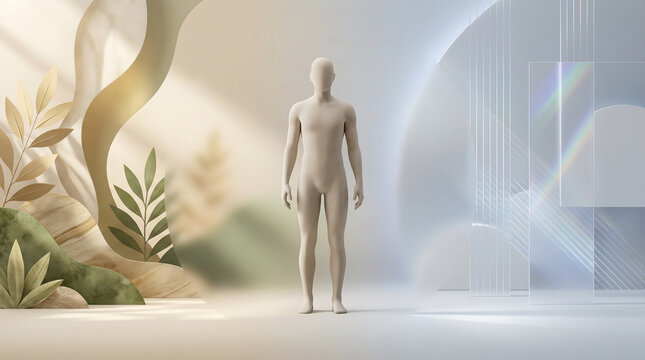 Concept image of human body between herbal medicine and modern healthcare, showing Ayurveda vs allopathy with herbs, pills, syringe and digital interface, integrative medicine and holistic health care