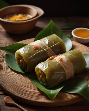 Cameroonian koki (steamed bean pudding wrapped in leaves), served partially unwrapped. Traditional authentic food of Cameroon. Central African cuisine.