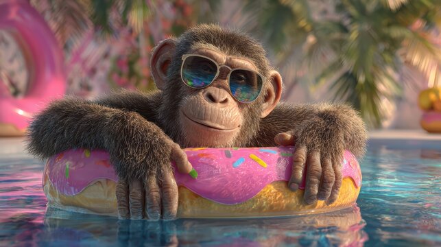 Monkey relaxing on a donut pool float, sunglasses tilted, luxury mansion pool, playful expression, colorful atmosphere, photorealistic, 8k 